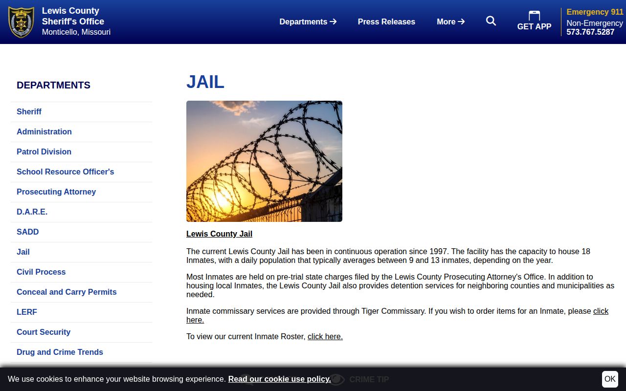 Lewis County Jail official detention and booking records page