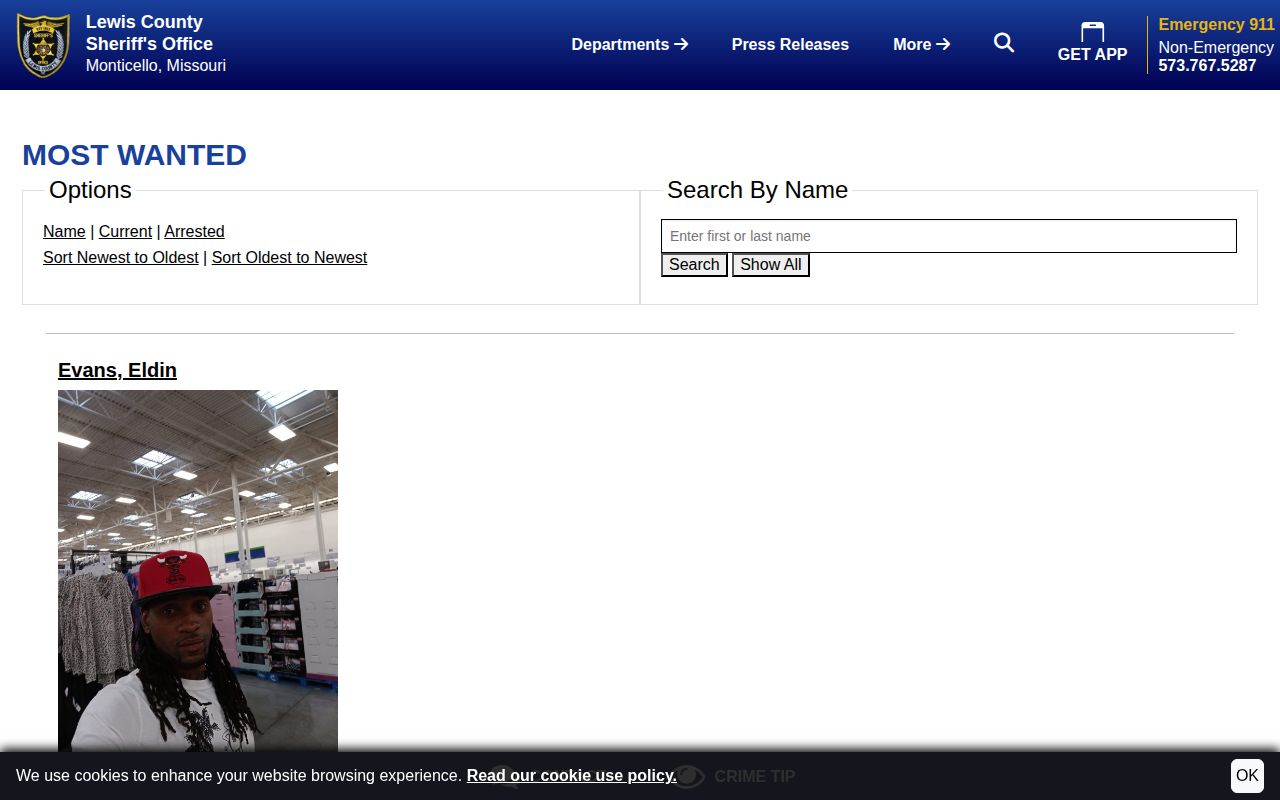 Screenshot of the official Lewis County Sheriff Most Wanted interface