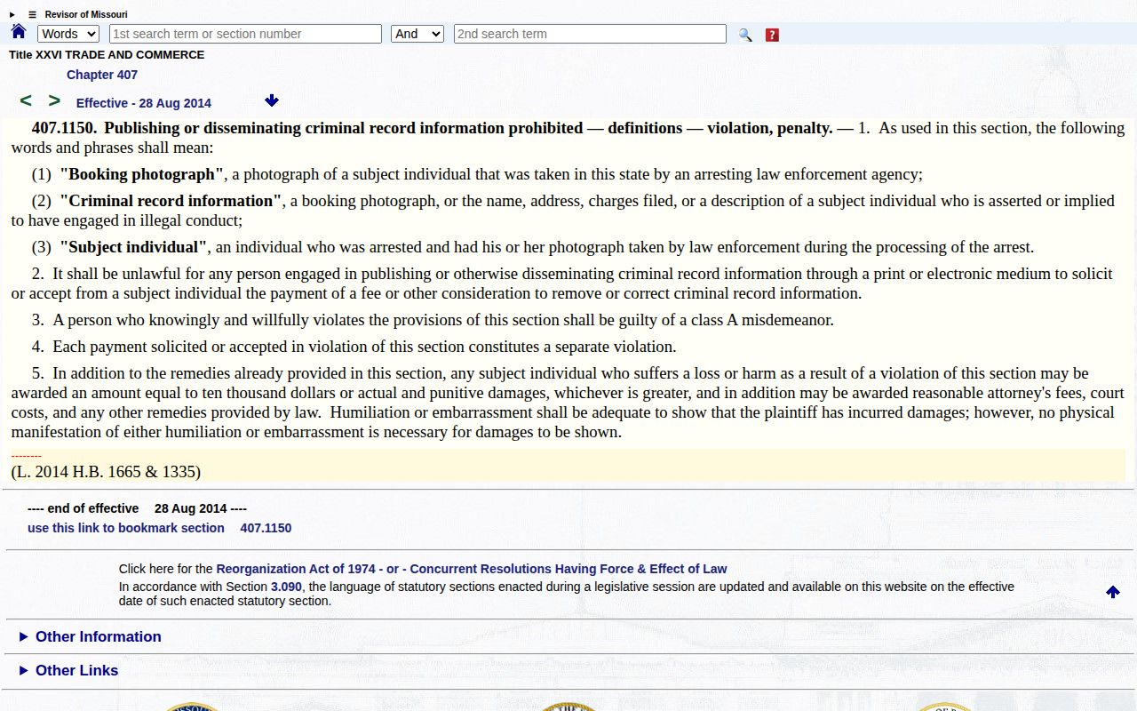Missouri statute page for Lewis County booking-photo record law